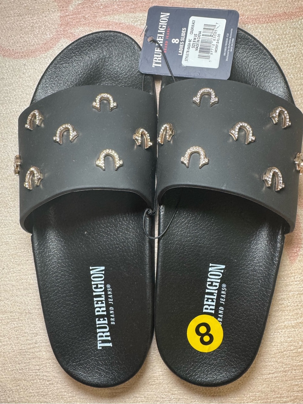 True Religion Black Slide Sandals with Gold Stud Accents